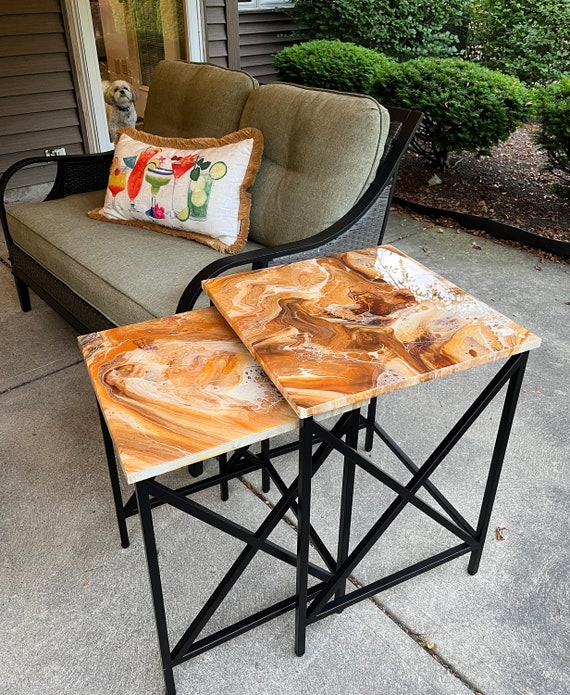 Neutral Colors Nesting End Tables / Epoxy Resin Accent Tables / Tan Gold and Ivory Side Tables / Acrylic Pour Side Tables