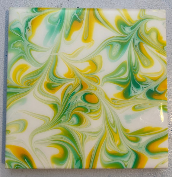 Hand Painted Green and Yellow Orange Tile Trivet, 6 x 6 Square, Resin Hot Pad, Tile Hot Plate, Trivets for Hot Dishes, Housewarming Gift