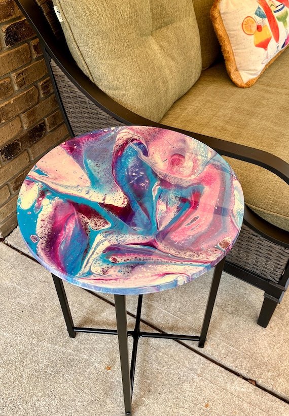 Violet, Blue and Ivory Side Table / Painted Accent Table  / Purple, Blue and Ivory Acrylic Pour Accent Table /  Resin Accent Table