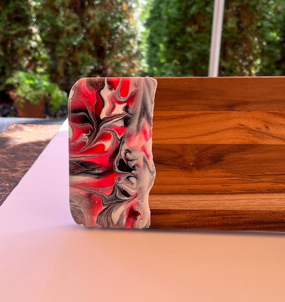 Natural Wood Serving Board, Resin Charcuterie Board, Party Serving Piece, Made in USA, Food-Safe, Red Black and White