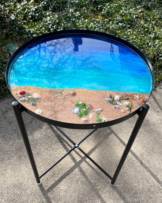 Beach Theme Accent Table / Painted Side Table / Epoxy Resin Seashell Table / Beach Home Decor / Metal Table with removable tray