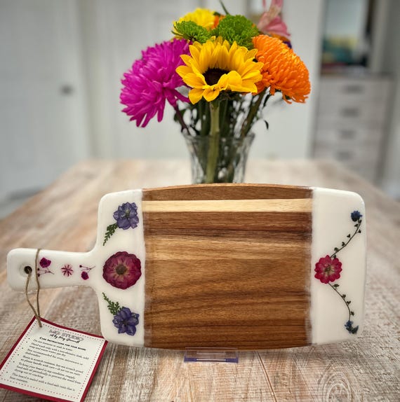 Natural Wood Serving Board with Resin and Pressed Flowers, 15.5" x 7.5" x .5"
