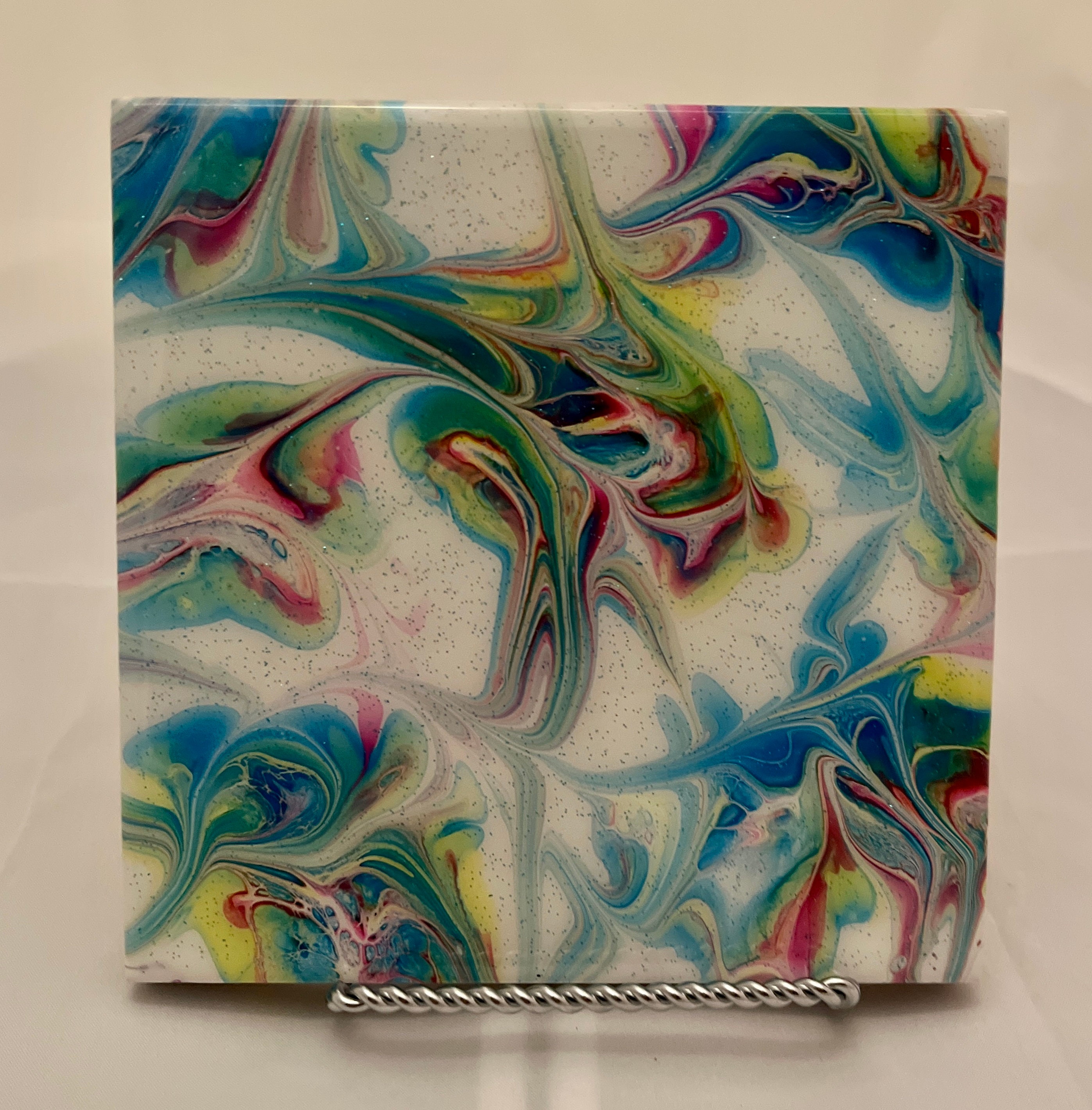 Hand Painted Ceramic Tile Hot Plate / Sparkly Painted Resin Hot Plate