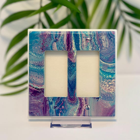Painted Light Switch Plate Cover / Double Dimmer Switch Plate / Painted Switch Cover / Double Decora / Purple, Aqua and Ivory