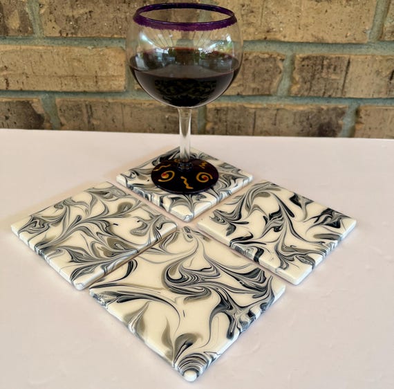 Black and Grey Swirl Ceramic Tile Coaster Set – Hand-Painted Abstract Drink Coasters with Resin Finish (Set of 4)