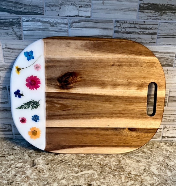 Natural Wood Serving Board / Charcuterie Board with Pressed Flowers / Natural Wood Cheese Board / Handmade / Made in USA