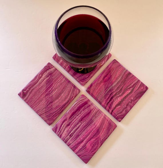 Pink & Magenta Marble Coaster Set – Hand-Painted Ceramic Tile Coasters with Resin Finish – Set of 4 Cork-Backed Drink Coasters