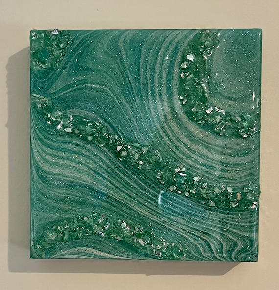 Resin Geode / Aqua Green Geode / Geode Painting / 6 x 6 painting / Abstract Geode / Small Painting / Painting with Crushed Glass