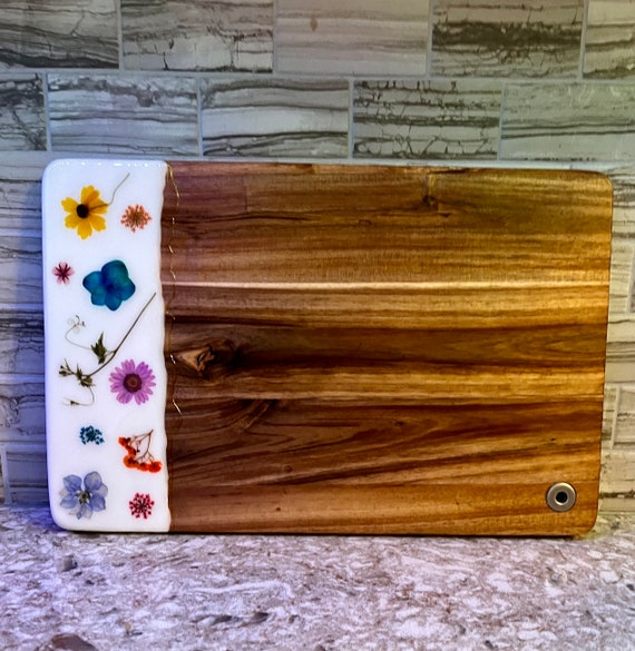 Natural Wood Serving Board with Pressed Flowers in Resin / Charcuterie Board / Natural Wood Cheese Board /  Made in USA / Shower Gift