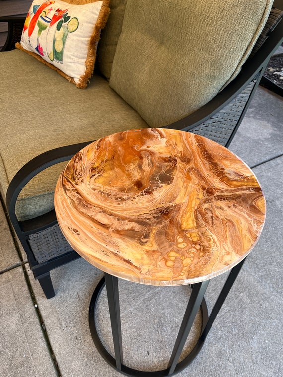 Neutral Colors Accent Table / Painted Side Table / Epoxy Resin Accent Table / Tan Gold and Ivory Side Table / Acrylic Pour Side Table