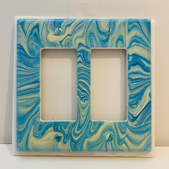 Painted Double Rocker Light Switch Cover / Double Light Switch Plate / Double Decora Plate Cover / Pale Blue and Cream Light Cover