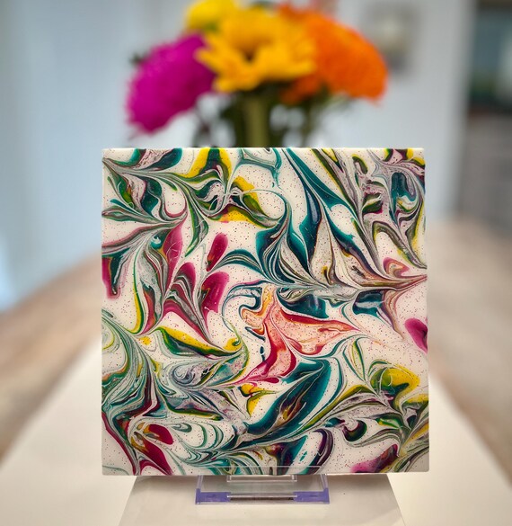 Hand Painted Metallic Blue, Magenta and Yellow Tile Trivet,  – Food-Safe, Heat-Resistant, One-of-a-Kind Kitchen Art