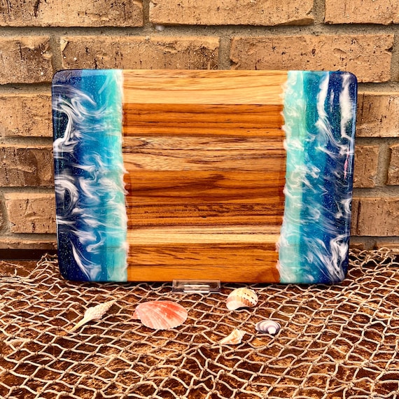 Beach Charcuterie Board – 14"x10" Acacia Wood Serving Board with Ocean Resin Art – Coastal Wedding, Housewarming, or Beach Lover Gift