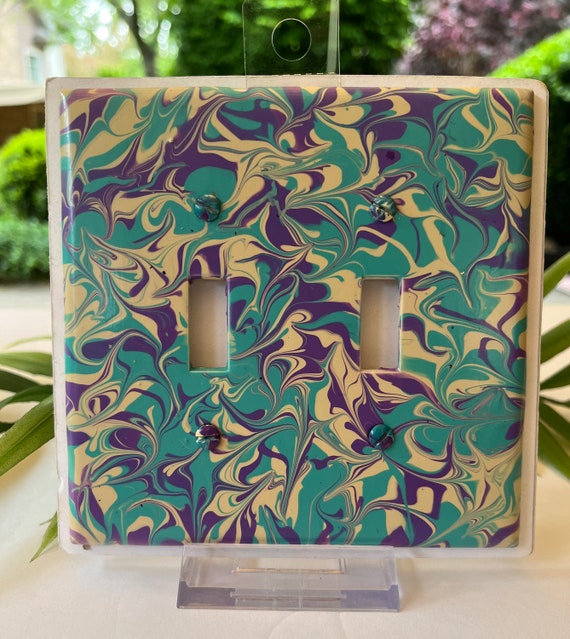 Hand Painted Double Toggle Light Switch Cover / Two Toggle Switch Plate Cover in Aqua, Purple and Ivory / Painted Double Switch Plate