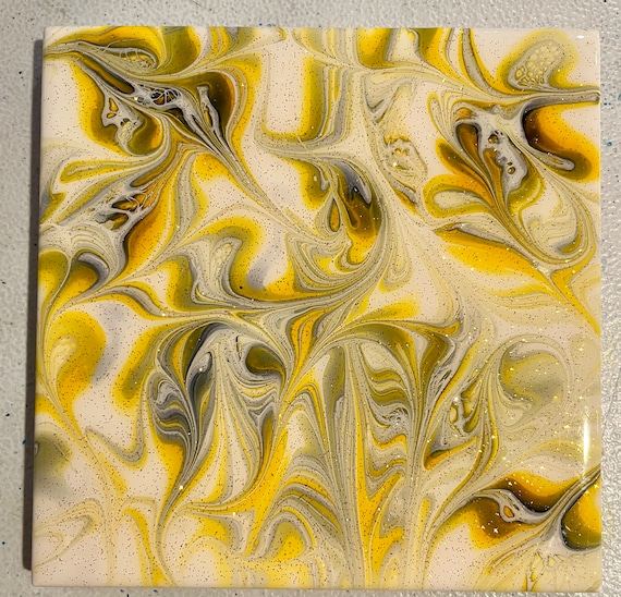 Hand Painted Yellow and Gray Tile Trivet, 6 x 6 Square, Resin Hot Pad, Tile Hot Plate, Trivets for Hot Dishes, Housewarming Gift