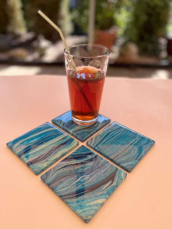 Seaside Vibes Ceramic Tile Coasters Set - Resin Sealed, Cork Backing for Hot or Cold Drinks