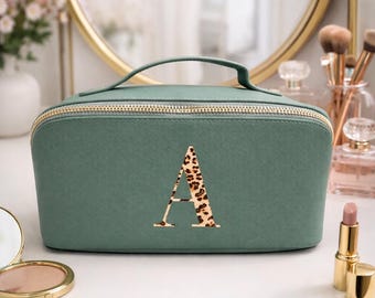 Personalised Initial Makeup Bag – Leopard Print Cosmetic Travel Bag for Women