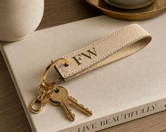 Personalised Faux Leather Wristlet Keyring, Custom Initial Keychain, Vegan Car Loop