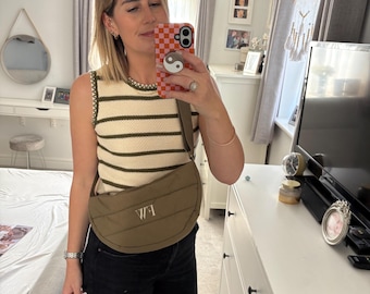 Personalised Quilted Crossbody Bag – Custom Initial Nylon Shoulder Bag for Women
