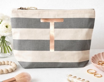 Personalised Makeup Bag – Custom Nautical Striped Cosmetic Travel Pouch
