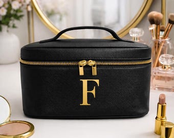 Personalised Vanity Makeup Case, Monogram Initial Cosmetic Bag, Toiletry Bag, Bridesmaid Bag, Custom Make Up Bag, Jewellery Box,Faux Leather