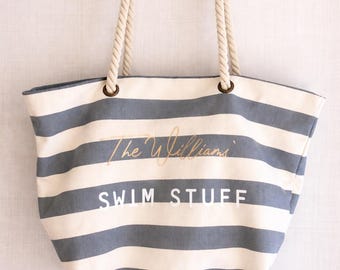 Personalised Beach Bag – Custom Name Striped Canvas Tote with Rope Handles