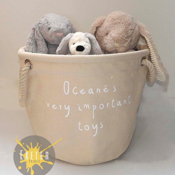 Personalised Grey Toy Bag, Natural Cotton Canvas Bag, Laundry Bag, Toy Storage, Trug Bag, Rope handles, Room Organiser, Personalised Toy Bag