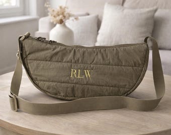 Personalised Quilted Crossbody Bag – Custom Initial Nylon Shoulder Bag for Women
