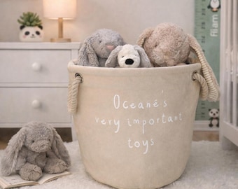 Personalised Grey Canvas Toy Bag with Rope Handles – Nursery Storage Solution