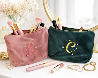 Personalised Velvet Makeup Bag, Initial Makeup Pouch, Custom Name Cosmetic Bag, Embroidered Jewellery Pouch, Bridesmaid Gift