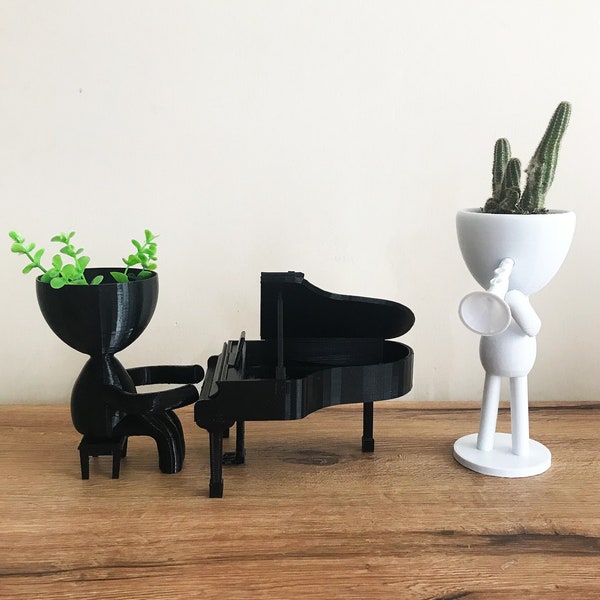 Set of 2 Jazz Musician Head Planters - 3D Printed Piano Planter - Trumpet Player People Planter - Jazz Gift for Music Lovers