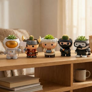 May include: Five character-shaped planters, each holding a small succulent. The characters include an astronaut, a Viking, a chef, a ninja, and a scuba diver. The planters are made of ceramic and sit on a wooden table.