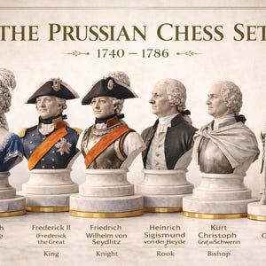 May include: A Prussian chess set featuring detailed busts of historical figures, including a queen, king, knight, rook, bishop, and pawn. The set is presented on a light background with gold accents, and the text "The Prussian Chess Set" is displayed at the top.