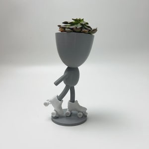 May include: A grey ceramic planter shaped like a person on roller skates. The planter has a round head with a succulent plant growing inside. The planter is on a grey base.
