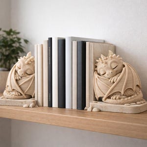 Può includere: Due fermalibri a forma di drago beige affiancano una fila di libri su una mensola di legno. I draghi dormienti hanno gli occhi chiusi e ali dettagliate. I libri sono di vari colori, tra cui nero, bianco e beige. La mensola è contro un muro bianco.