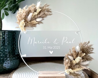 Presente de casamento personalizado – coroa de flores secas com nomes e data, presente em dinheiro, decoração de casamento em acrílico, gravação de nomes e data