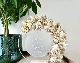 Personalized dried flower ring with plaque - wedding gift, money gift, table decoration, boho wedding decor, names & date engraving