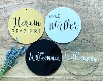 Türschild 20cm, Acrylschild, Willkommesschild, Namensschild, Willkommen, Türkranz, personalisiertes Schild