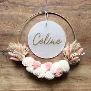 Corona per porta 30 cm, corona con nome, targhetta con nome, corona di fiori secchi, targa per porta della camera dei bambini, decorazione della camera dei bambini, vetro acrilico, targa in plexiglass