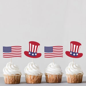 INSTANT DOWNLOAD - American Flag and Uncle Sam Hat, July 4th Cupcake Toppers | Printable Cupcake Toppers | Fourth of July Cupcake Toppers