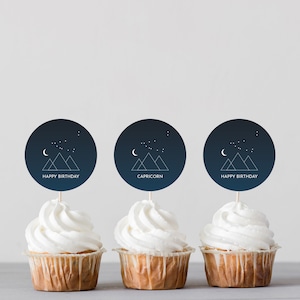 TÉLÉCHARGEMENT INSTANTANÉ - CAPRICORNE Zodiac Sign Cupcake Toppers + Card Set | Hauts de forme imprimables pour cupcakes | Carte imprimable | Anniversaire | Constellation