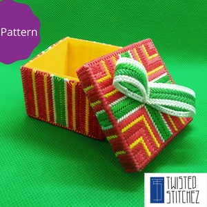 Red Christmas Gift Box Plastic Canvas PDF Pattern, Christmas Decoration Instant Download Pattern, 14 Count Plastic Canvas Gift Box