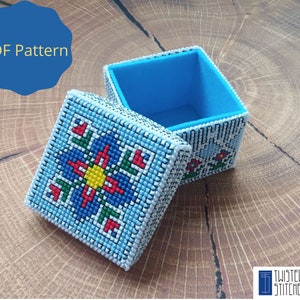 Blauwe bloem plastic canvas doospatroon, sieradendoos pdf-diagram, borduurdoos patroon direct downloaden, eenvoudig te tellen kruissteek 10 counts