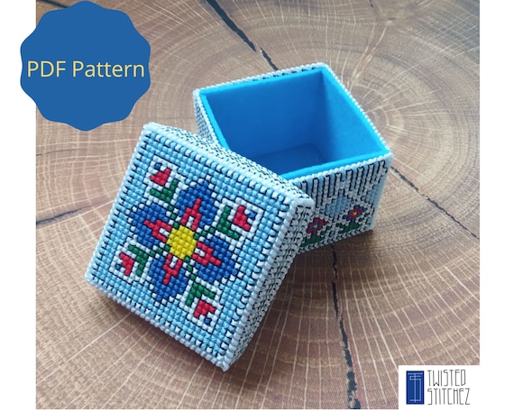 Blue Flower Plastic Canvas Box Pattern, Jewelry Box PDF Chart
