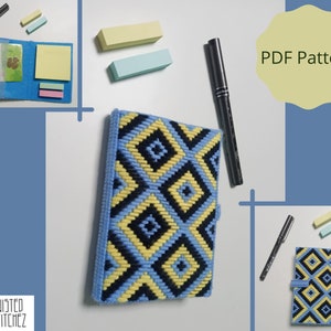 May include: A blue and yellow geometric patterned needlepoint pouch with a black border. The pouch is open and shows a clear plastic card holder and a stack of sticky notes. The text "PDF Pattern" is on a yellow circle in the background.