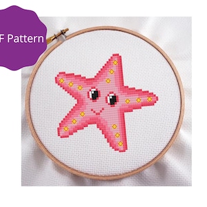 Padrão de ponto cruz de estrela do mar rosa fofo, PDF de decoração de berçário fácil, gráfico de criaturas náuticas download instantâneo
