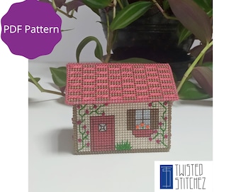 Plastic Canvas House Shaped Box Pattern, House With Roses PDF Chart, Embroidery Storage Box Instant Download Pattern, Cross Stitch Pattern