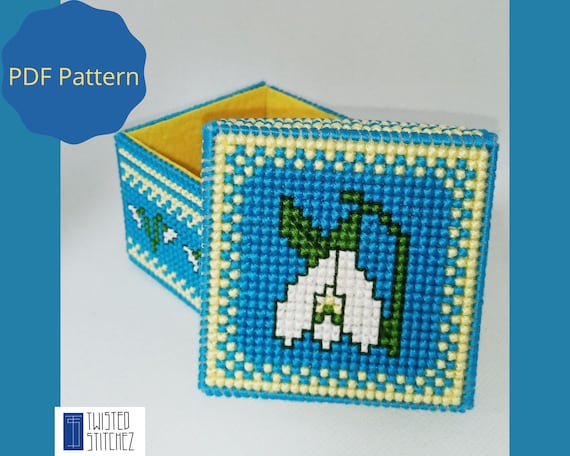 Plastic Canvas Box With Snowdrops Pattern, Cross Stitch Jewelry Box PDF  Instant Download 