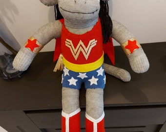 Handstitched wonder women inspired sock monkey