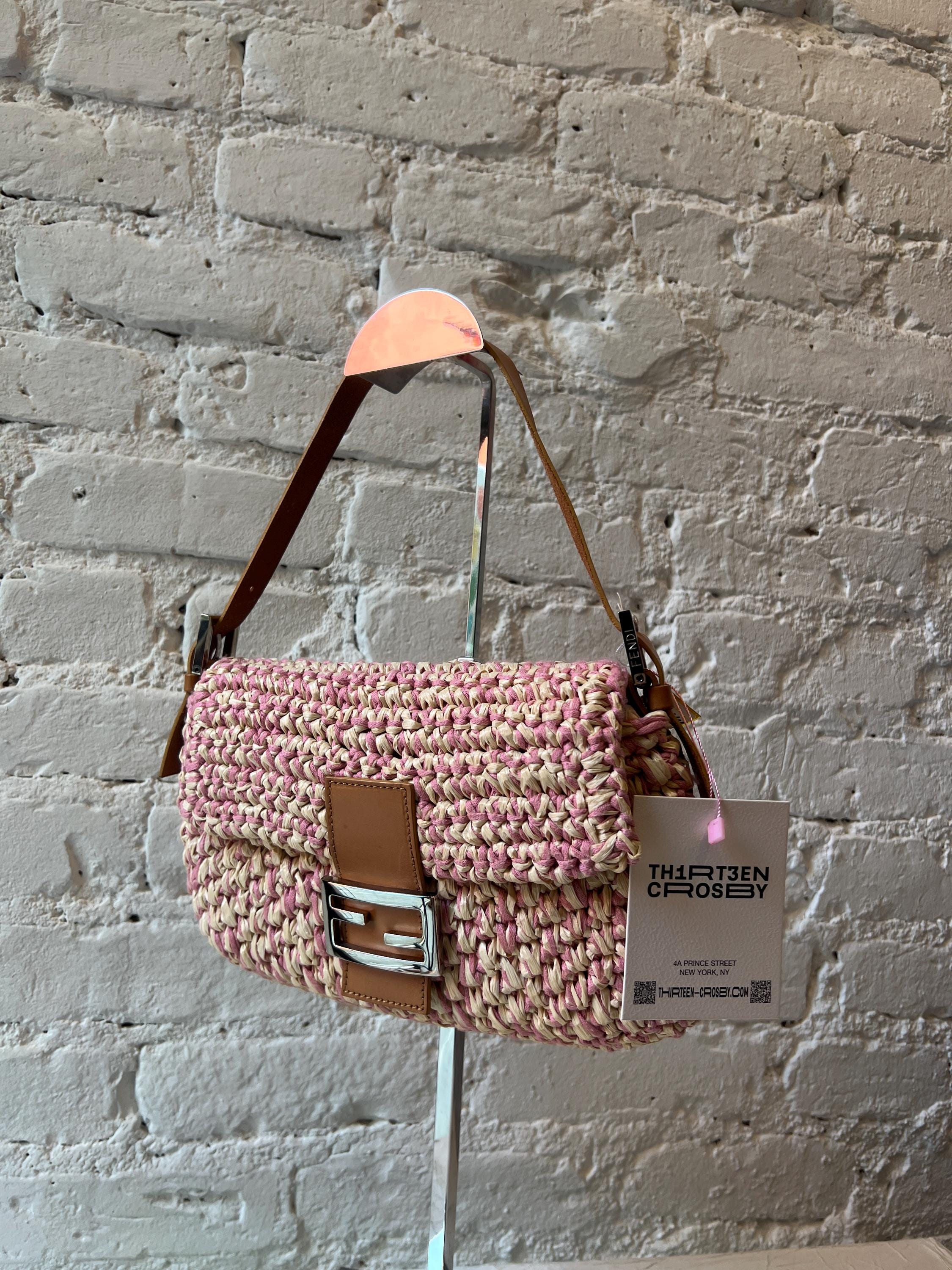 Fendi Baguette in Pink & Cream Woven Straw With Brown Leather Trim